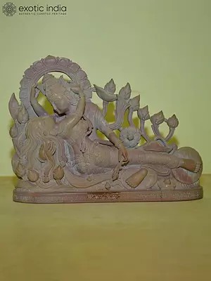 10" Lord Vishnu with Goddess Laxmi | Red Stone Statue | Hand Carved