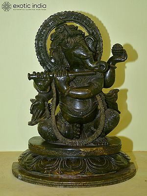 14" Four Armed Lord Ganesha Playing Flute | Green Stone Statue | Hand Carved