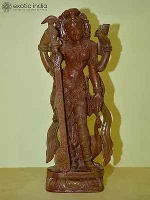 15" Four Armed Goddess Saraswati Standing with Veena | Red Stone Statue | Hand Carved