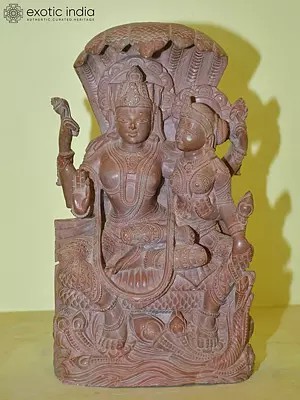 13" Lord Vishnu Seated Under the Hood of Sheshnag with Goddess Lakshmi | Red Stone Statue | Hand Carved