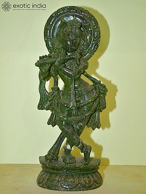 20" Tribhanga Murari Krishna | Green Stone Statue | Hand Carved