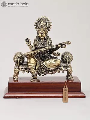 5" Small Superfine Goddess Saraswati - The Deity of Knowledge, Music, Art, and Learning with Wood Base | Brass Idol