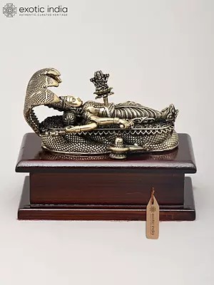4" Small Superfine Lord Vishnu in His Anantha Shayanam Posture with Wood Base | Brass Idol