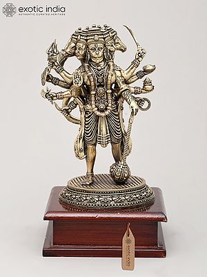 Superfine Ten Armed Panchamukhi Hanuman in Standing Gesture with Wood Base | Brass Sculpture