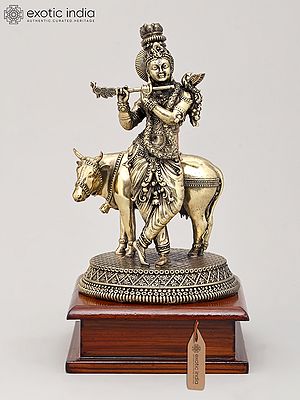 8" Superfine Lord Krishna Idol with Cow, Flute and Wood Base | Brass Statue