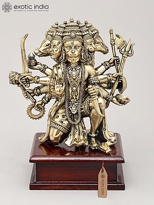 7" Superfine Ten Armed Panchamukhi Hanuman Seated on Wood Base | Brass Sculpture
