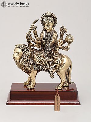 7" Superfine Ashtabhuja Goddess Durga Seated on Lion with Wood Base | Brass Idol