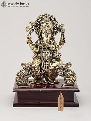 7" Superfine Four Armed Majestic Lord Ganesha with Dual Mushak on Wood Base | Brass Idol