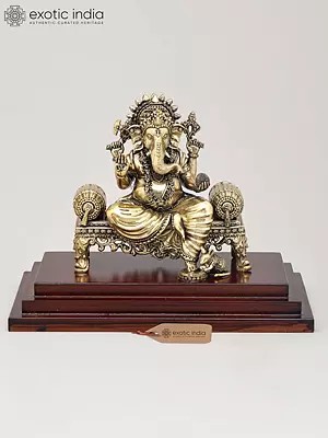9" Superfine Lord Ganapati Seated on Asana with Wood Base | Brass Statue