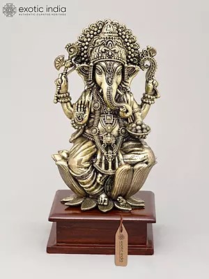 9" Superfine Lord Ganesha in Blessing Posture Seated on Wood Base | Brass Idol