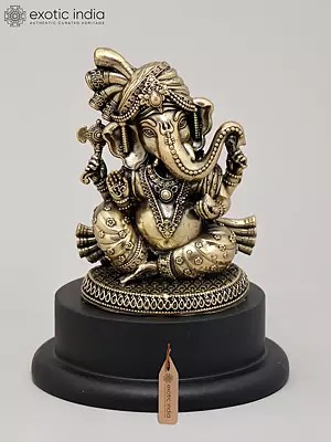 4" Small Superfine Lord Ganesha in Regal Attire and Turban Seated on Wood Base | Brass Statue