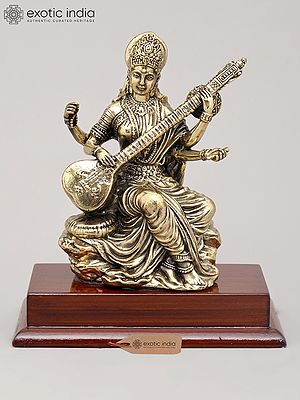 5" Small Superfine Four Armed Goddess Saraswati Playing Veena with Wood Base | Brass Statue