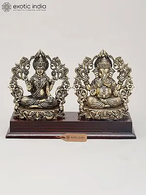 7" Superfine Goddess Lakshmi and Lord Ganesha Seated on Wood Base with Flower Arch | Brass Statue