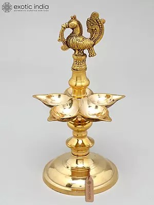 11" Five Wicks Peacock Lamp in Brass | Handmade | Made In India