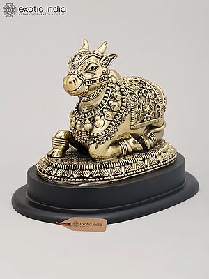 6" Superfine Seated Nandi Idol - The Vahana of Shiva with Intricate Carving and Wood Base | Brass Statue