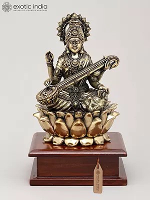7" Superfine Chaturbhuja Goddess Saraswati Seated on Lotus with Wood Base | Brass Sculpture