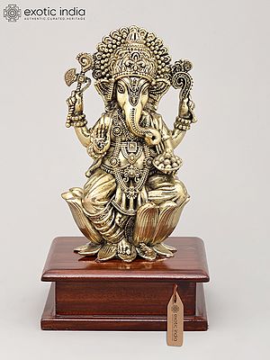 7" Superfine Lord Ganesha Seated on Lotus with Wood Base - The Remover of Obstacles | Brass Idol