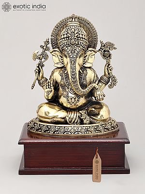 8" Superfine Chaturbhuja Lord Ganapati Holding Modak on Wood Base | Brass Statue