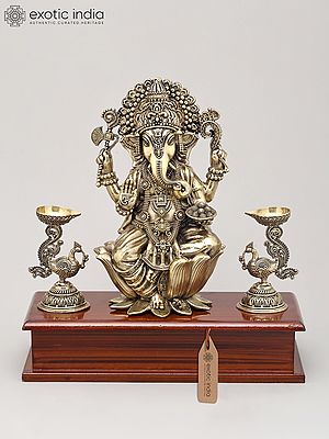 9" Superfine Lord Ganesha Seated on Lotus with Oil Lamps and Wood Base | Brass Sculpture