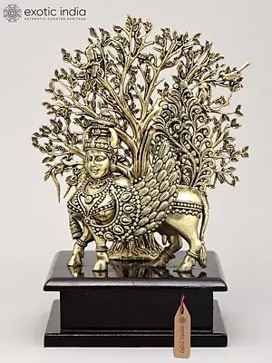 7" Superfine Goddess Kamdhenu Standing with Tree of Life on Wood Base | Brass Statue
