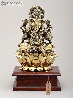 7" Superfine Four Armed Lord Ganesha Seated on Lotus with Wood Base | Brass Idol