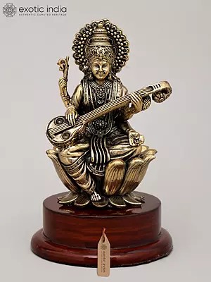 5" Small Superfine Idol of Goddess Saraswati Playing Sitar on Wood Base | Brass Statue