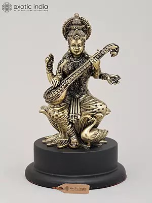 5" Small Superfine Four Armed Goddess Saraswati with Swan on Wood Base | Brass Sculpture