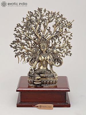 7" Superfine Buddhist Goddess Green Tara Seated with Tree of Life on Wood Base | Brass Statue
