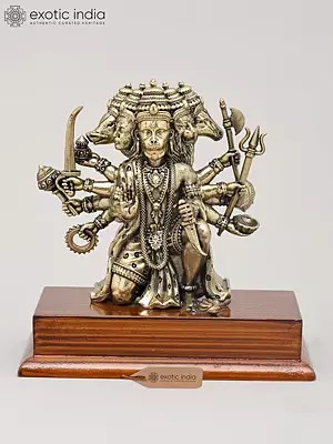 5" Small Superfine Panchamukhi Lord Hanuman in Seated Gesture on Wood Base | Brass Statue