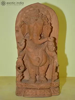12" Four armed Lord Ganesha Standing with his Mouse | Wooden Statue | Hand Carved