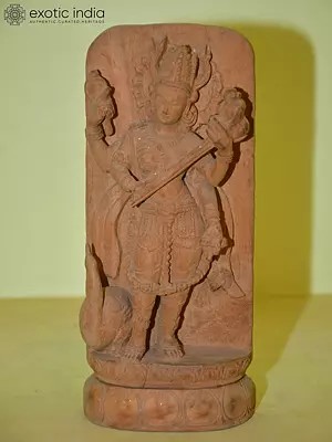 10" Goddess Saraswati Holding Veena and Standing with Peacock | Wood Statue | indian Handmade art