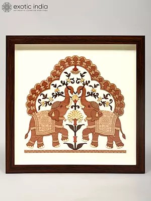 12" Royal Elephants Under Floral Arch | Wood Carved Frame | Wall Hanging