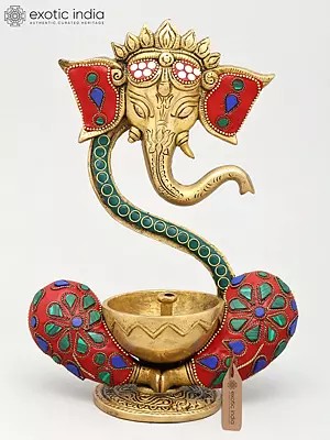 9" Ganesha Wick Lamp in Brass with Inlay Work | Handmade | Made in India
