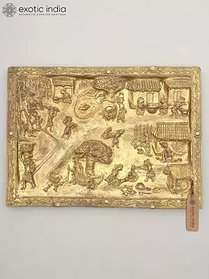 16" Village View of Tribal Social Life | Brass Wall Hanging