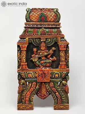 Devi Saraswati Wall Hanging | Wood Carved Kavadi Panel