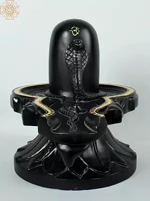 18" Shiva Linga With Seated Naag | Black Marble Sculpture