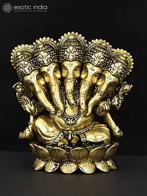 3" Small Panchamukhi Lord Ganesha Seated on Lotus | Brass Statue