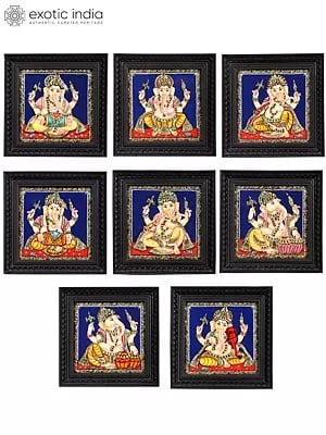 Set of 8 Musical Ganesha Tanjore Paintings | 24 Karat Gold Work