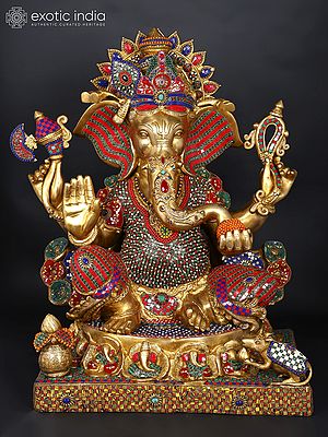 31" Large Chaturbhuja Lord Ganesha Seated in Blessing Gesture | Brass Statue with Inlay Work