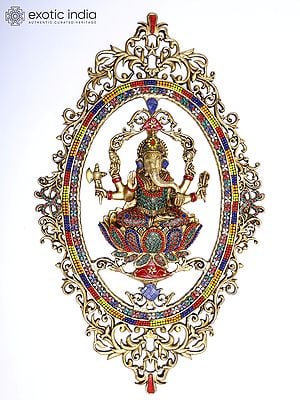 30" Large Six Armed Lord Ganesha Seated on Lotus | Wall Hanging Brass Statue with Inlay Work