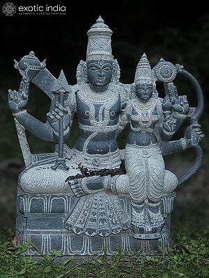 52" Lord Vishnu With Goddess Sridevi | Hand Carved | Granite Stone Statue