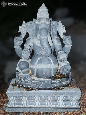 42" Lord Ganesha Seated On Pedstal | Hand Carved | Granite Stone Statue