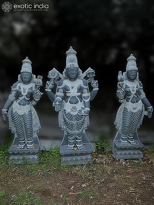 68" Large Sized Statue Of Lord Vishnu With Bhudevi And Sridevi | Granite Stone Statue