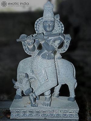 47" Standing Lord Krishna With Cow | Hand Carved | Granite Stone Statue