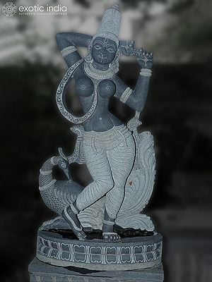 64" Large Statue Of Apsara With Peacock In Granite Stone Statue