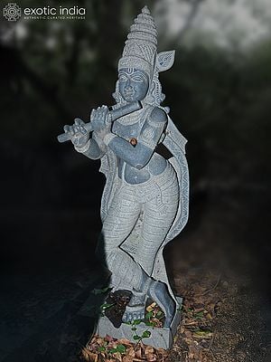 62" Lord Krishna Palying Flute Idol | Granite Stone Statue