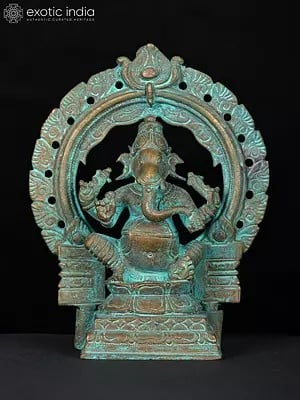 4" Small Four Armed Lord Ganesha Seated on Kirtimukha Throne | Bronze Statue