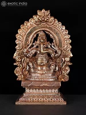 3" Small Chaturbhuja Lord Ganesha Seated on Kirtimukha Throne | Bronze Statue