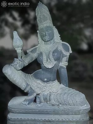 54" Large Sized Seated Goddess Sridevi Statue In Stone | Hand Carved | Granite Stone Statue