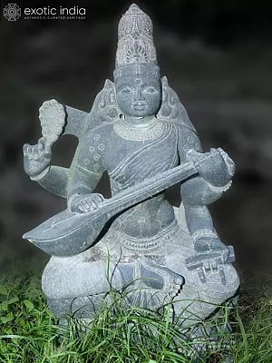 36" Seated Goddess Saraswati With Sitar Stone Idol | Hand Carved | Granite Stone Statue